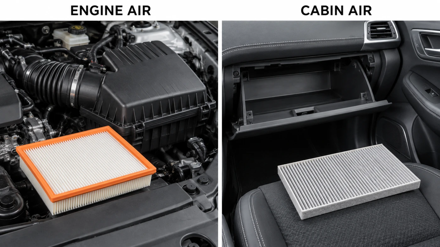 Engine air filter and cabin air filter shown in their different vehicle contexts