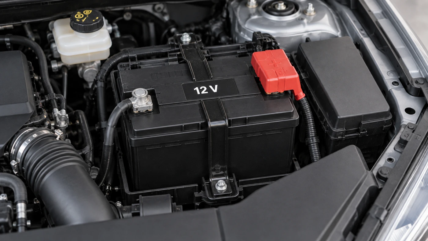 Conventional 12V battery secured in an engine bay with its positive terminal covered