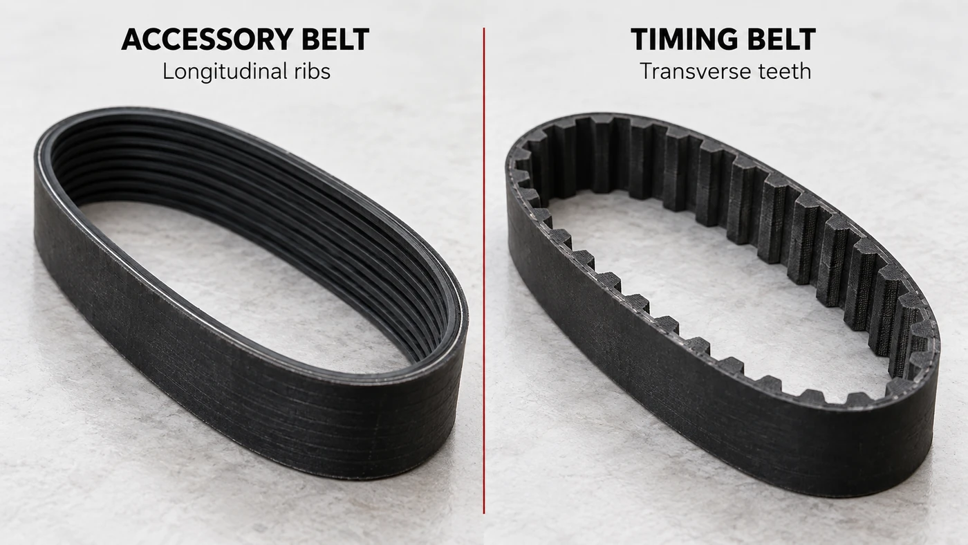 Longitudinal ribs on an accessory belt compared with transverse teeth on a timing belt