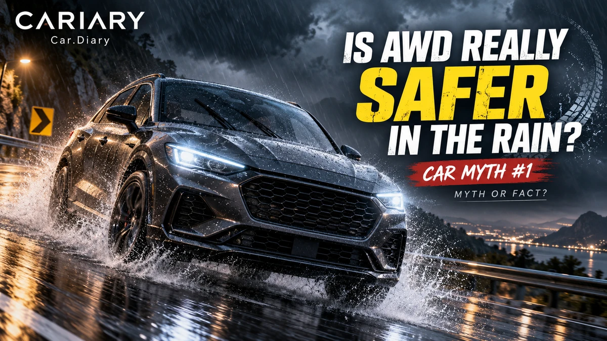 Car Myths thumbnail showing a dark SUV on a wet road with the question Is AWD Really Safer in the Rain?
