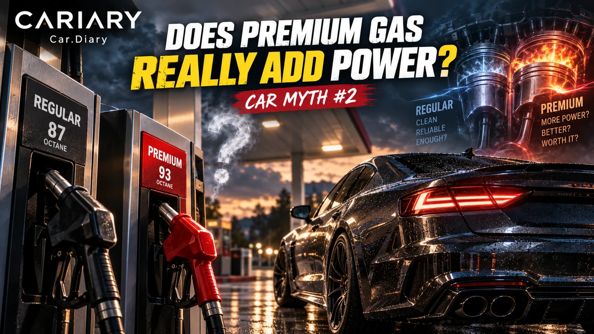 Dark car beside regular and premium fuel pumps in the Car Myth 2 thumbnail
