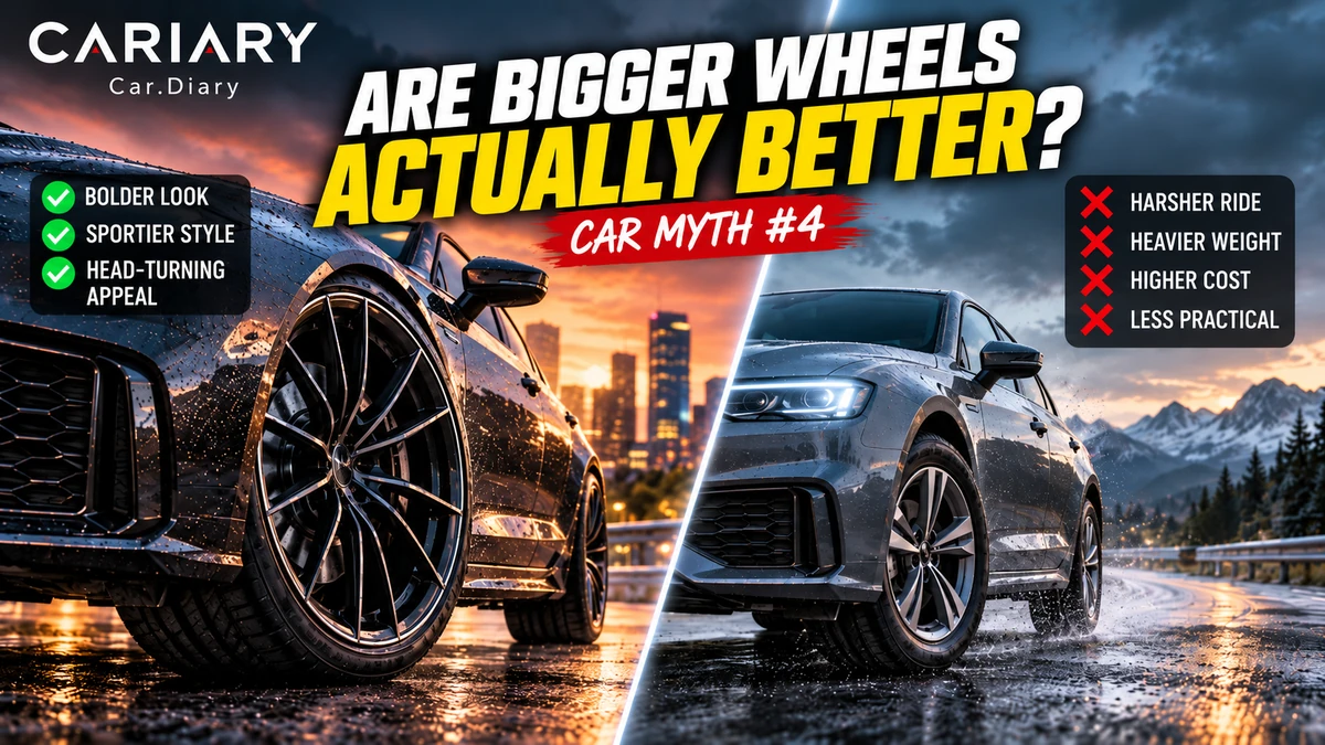Car Myth 4 thumbnail comparing wheel sizes on dark cars