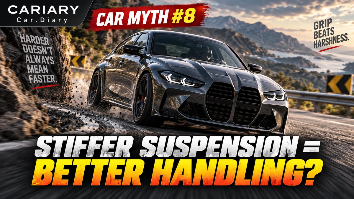 Dark sports sedan on an uneven mountain road in the Car Myth 8 thumbnail about stiffer suspension