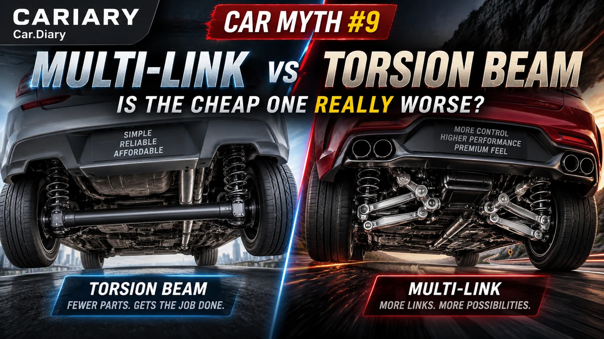 Car Myth 9 thumbnail contrasting simplified torsion-beam and multi-link rear suspension views