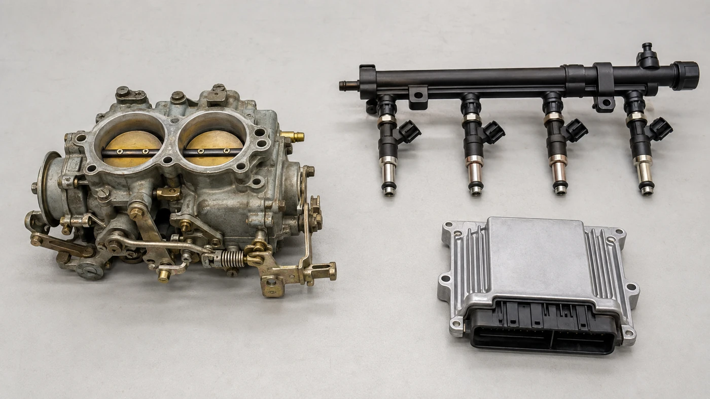 Illustrative comparison of a mechanical carburetor on the left and a four-injector fuel rail with an electronic control unit on the right