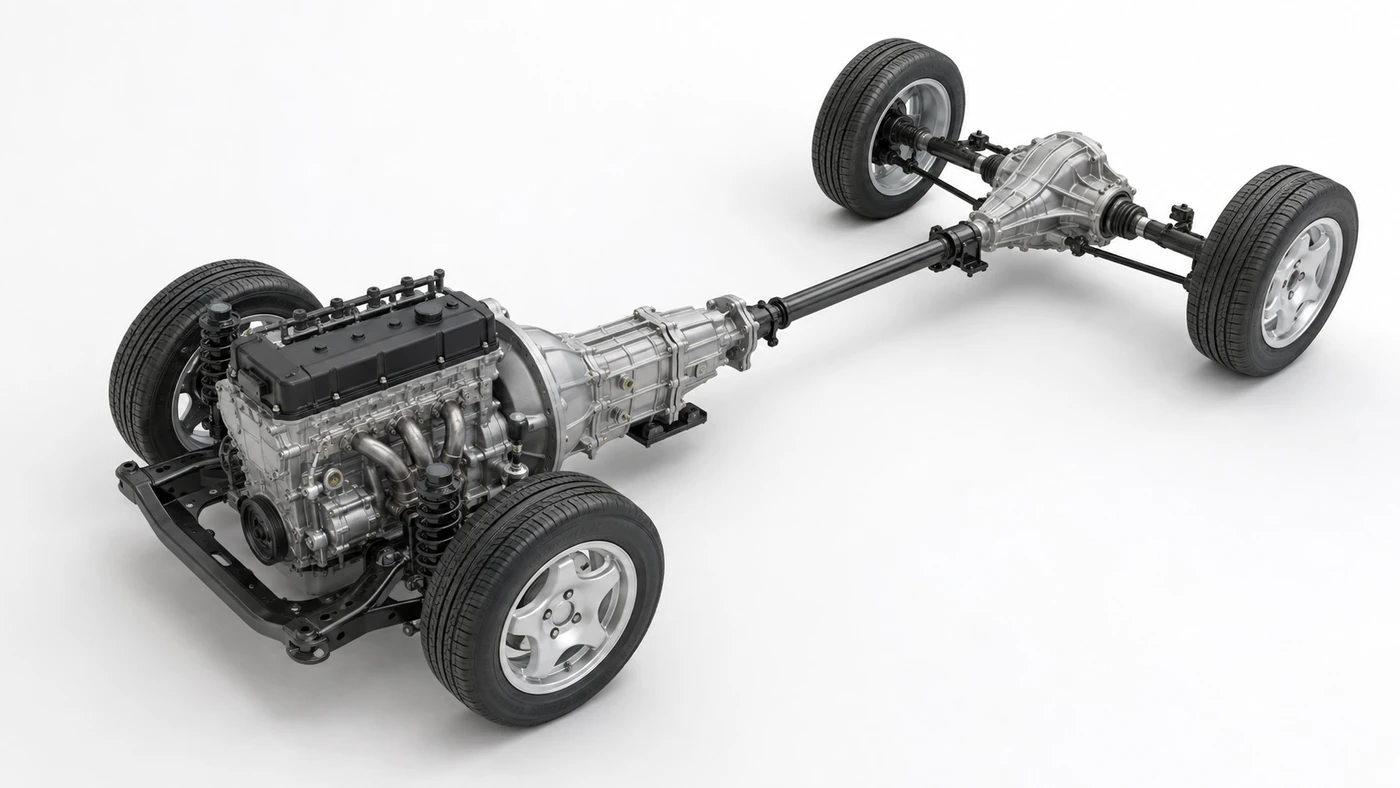 Generic rear-wheel-drive powertrain showing a front engine, attached gearbox, propeller shaft and separate rear differential