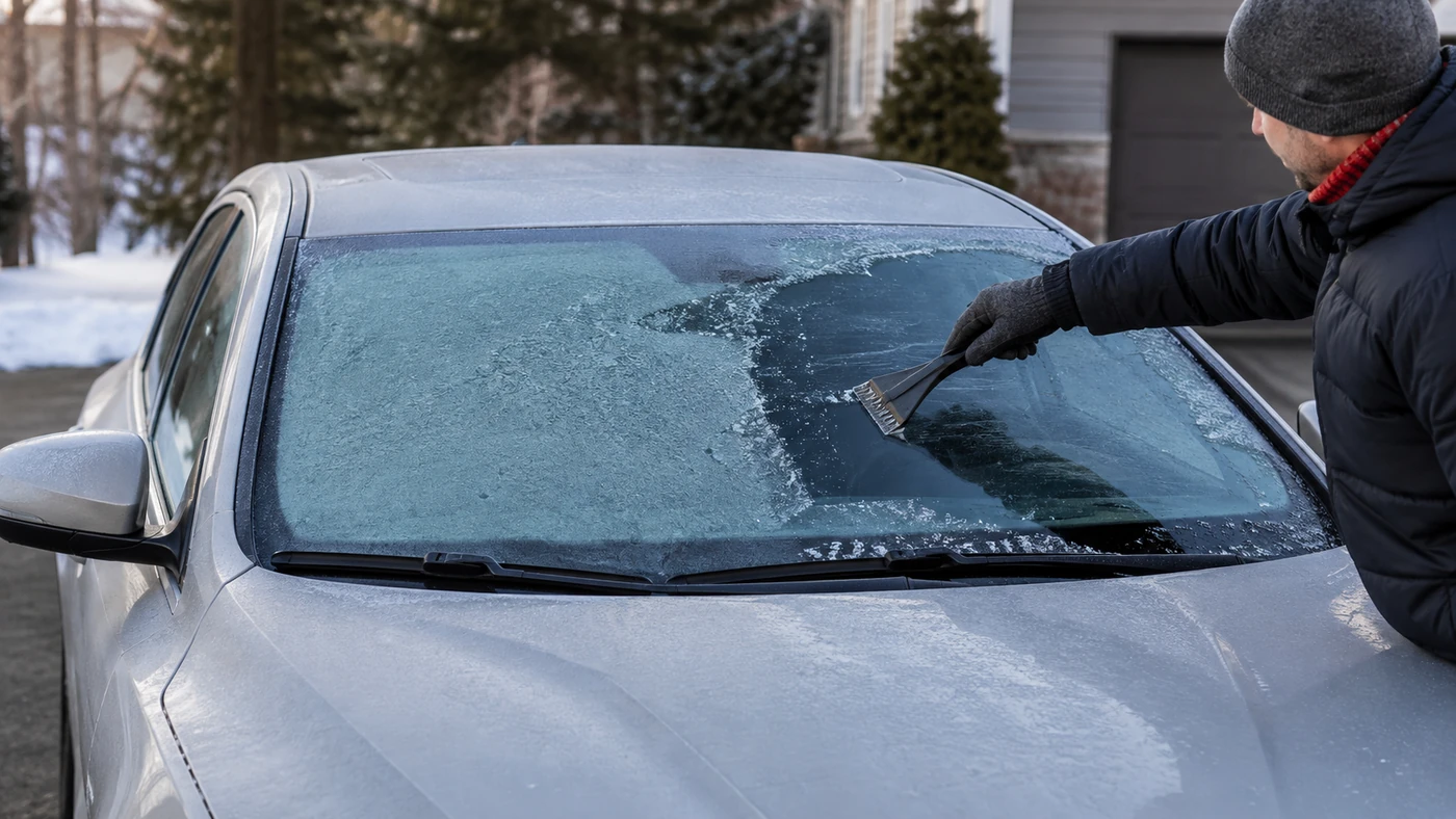 Person using an ice scraper on a parked car windshield that is still partly covered in frost