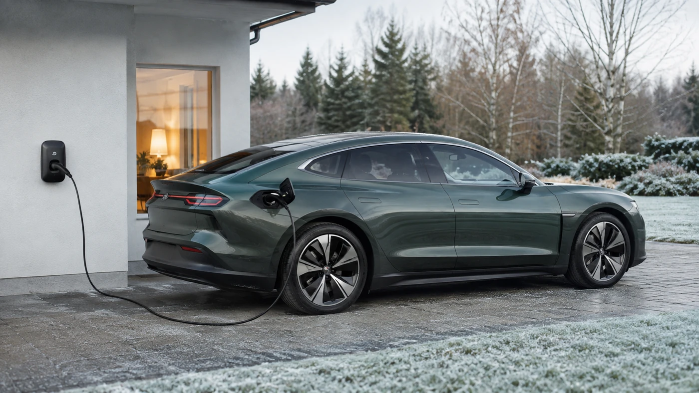 Electric fastback connected to an outdoor home charger on a frosty driveway