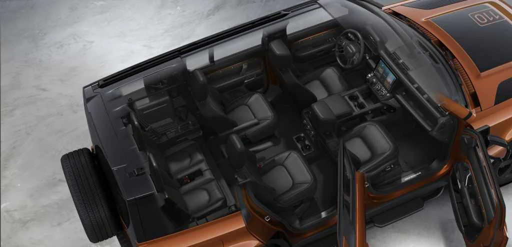 Top view of the 2027 Defender 110 six-seat interior with second-row captain chairs