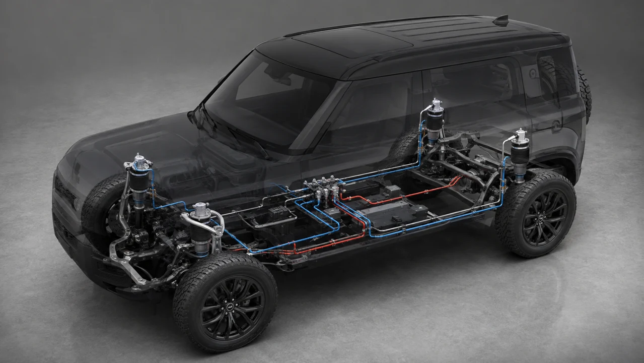 AI concept cutaway of hydraulically linked Defender OCTA air suspension and dampers