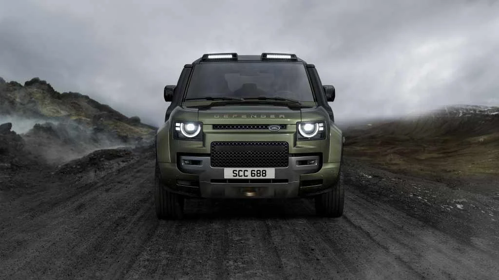 2027 Land Rover Defender OCTA in Woolstone Green on a volcanic road