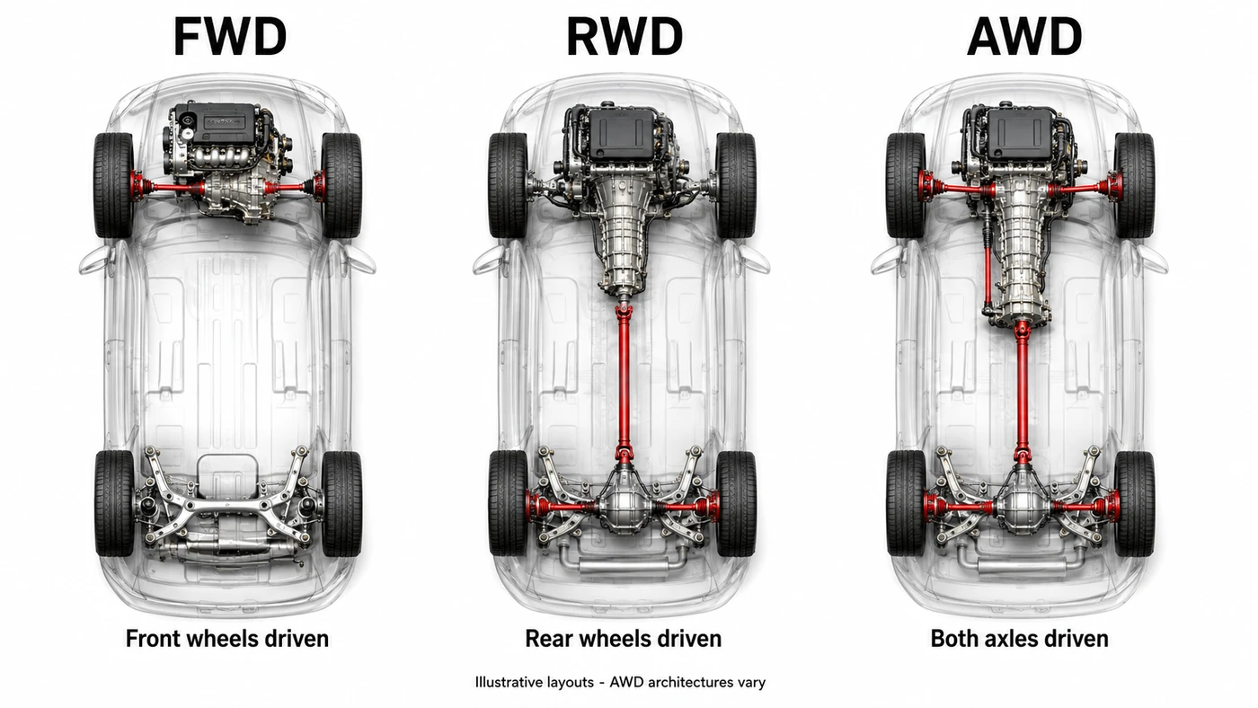 Drivetrain Basics comparison of front-wheel, rear-wheel and all-wheel drive with driven shafts highlighted in red