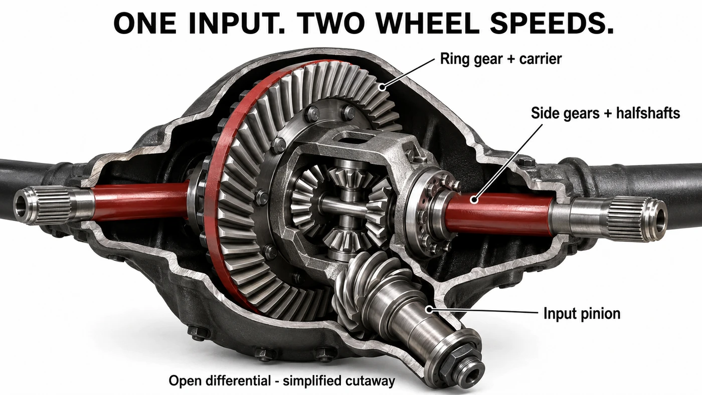 Simplified open rear differential cutaway with input pinion, ring gear, carrier and axle halfshafts