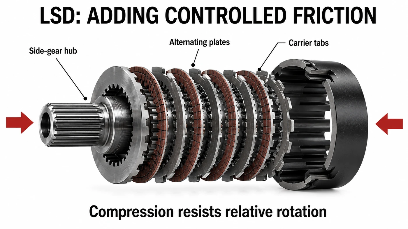 Exploded clutch-pack principle showing alternating friction plates between a side-gear hub and differential carrier