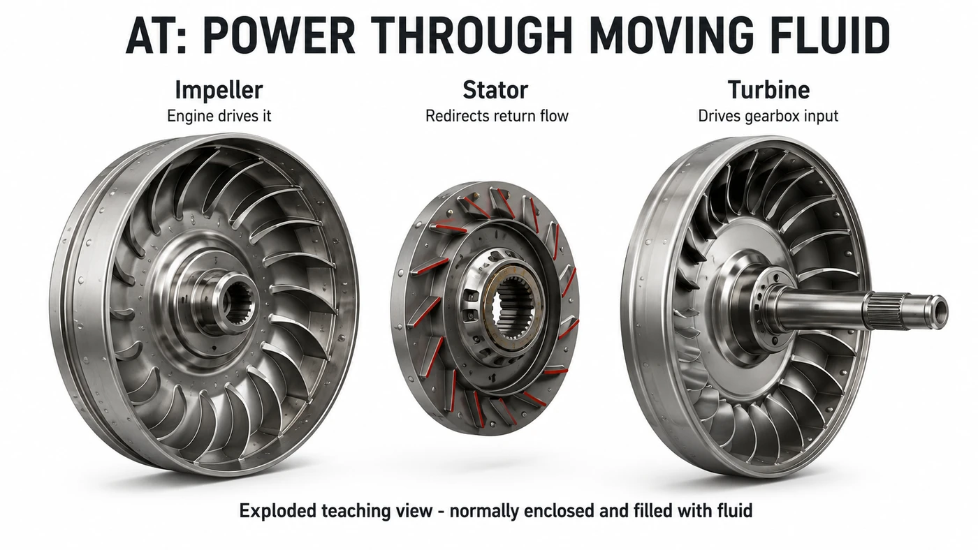 Torque-converter impeller, stator and turbine displayed separately with their fluid-circuit roles labeled