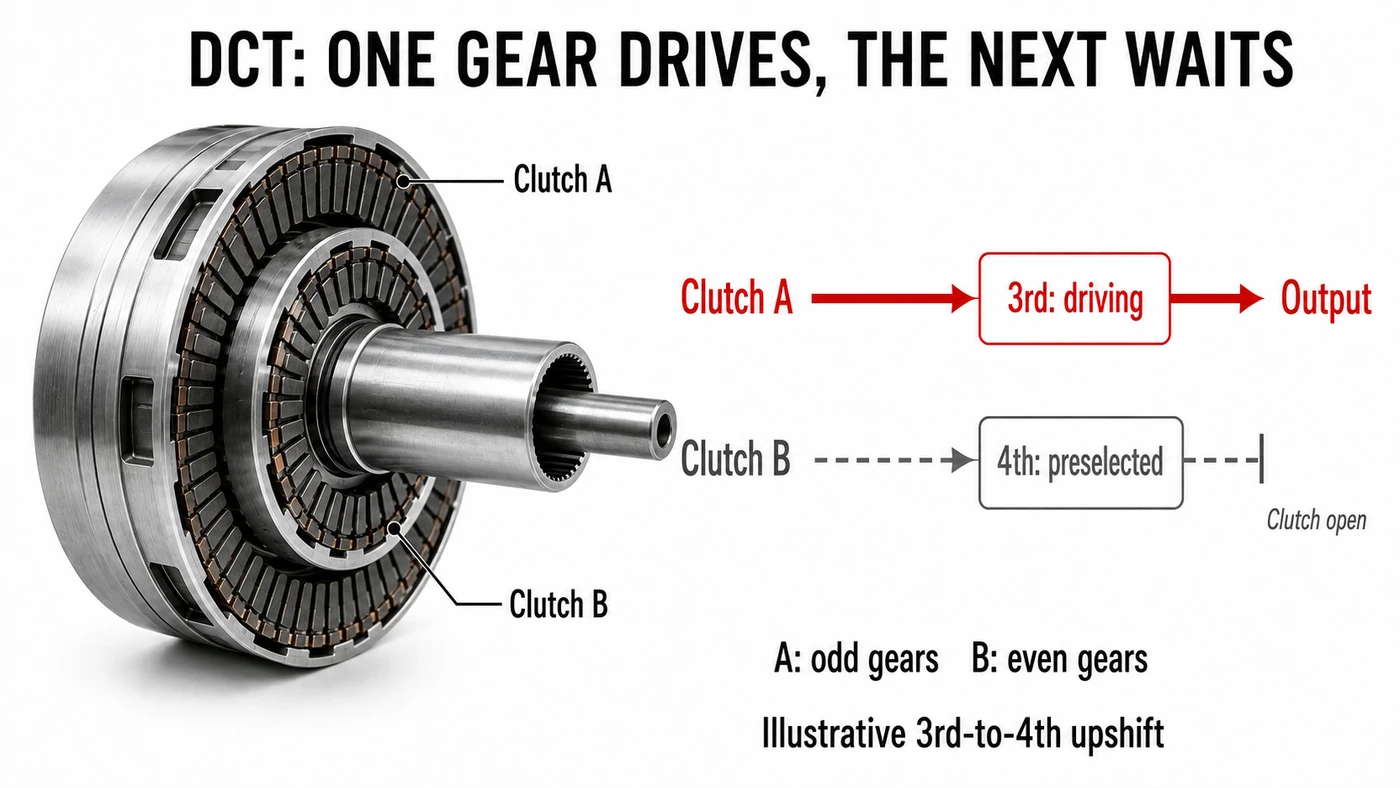 Concentric dual-clutch concept beside a functional diagram of third gear driving and fourth gear preselected