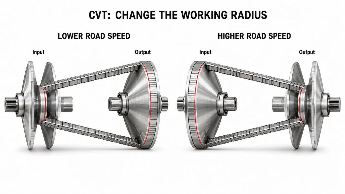 Steel-belt CVT with small input and large output contact radii compared with the opposite ratio setting