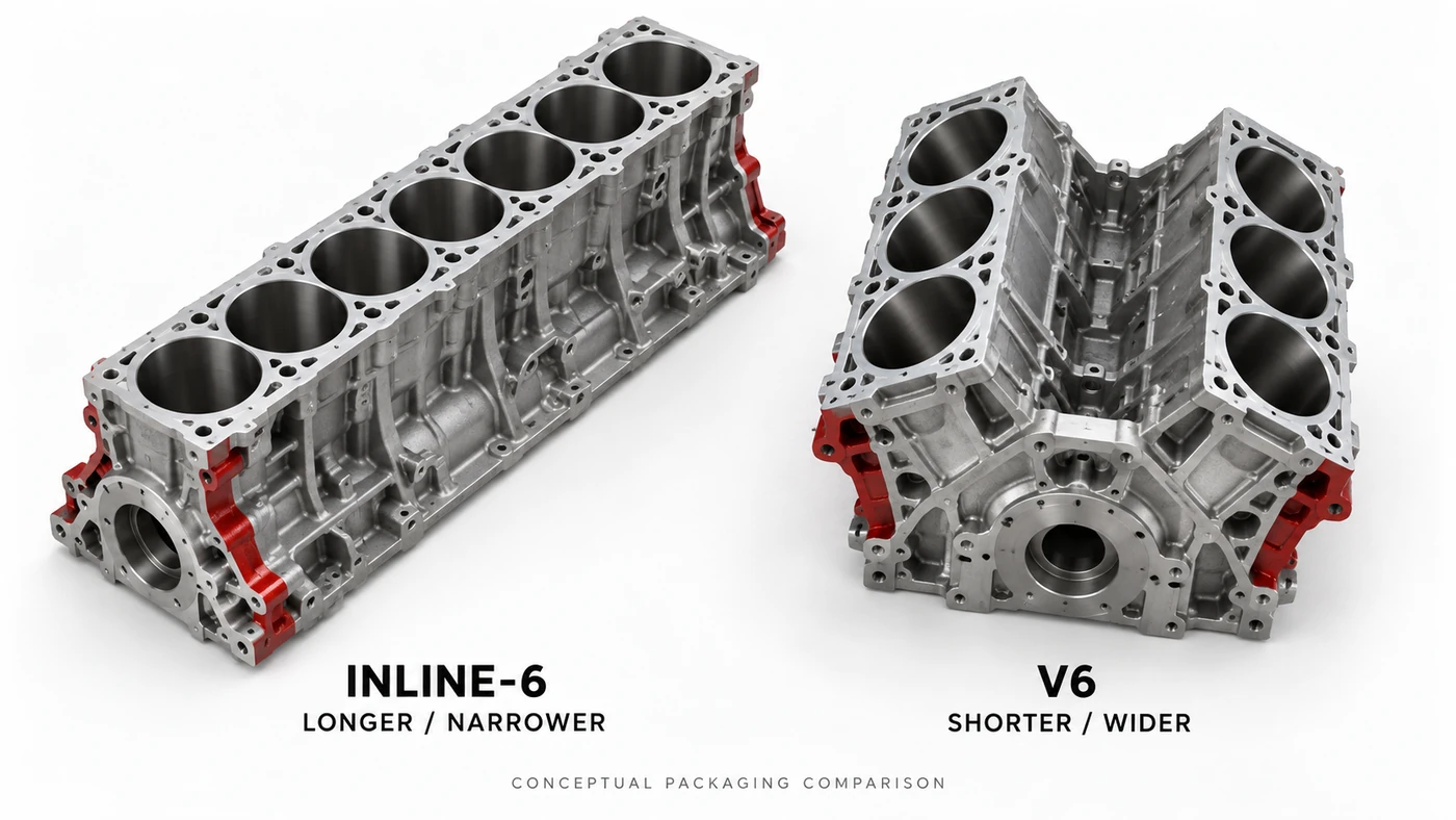 Engine layouts comparison showing six inline bores beside two banks of three V6 bores