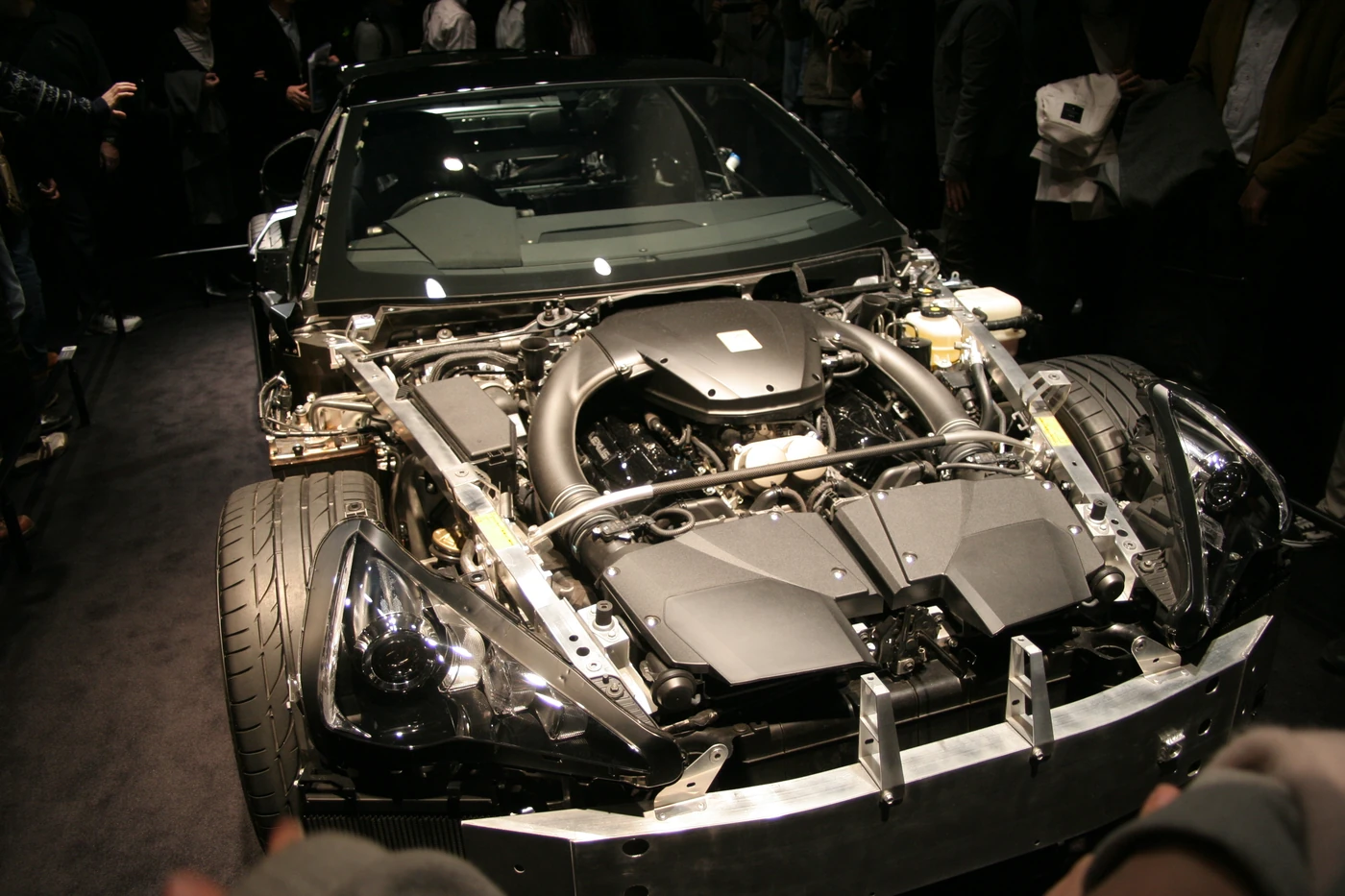 Lexus LFA V10 engine installation exposed with the surrounding bodywork removed