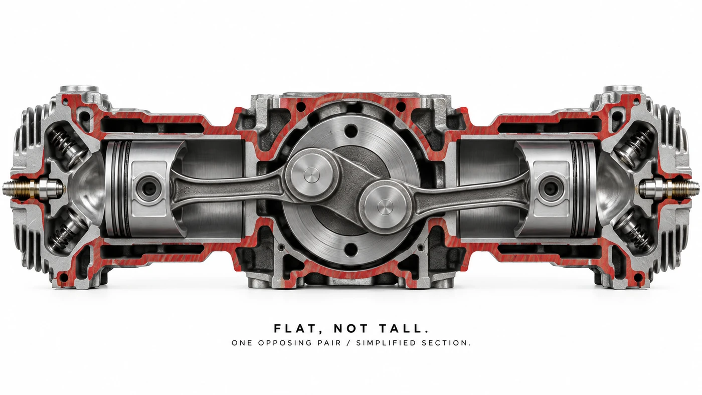 Simplified flat-engine section showing an opposing horizontal pair of pistons