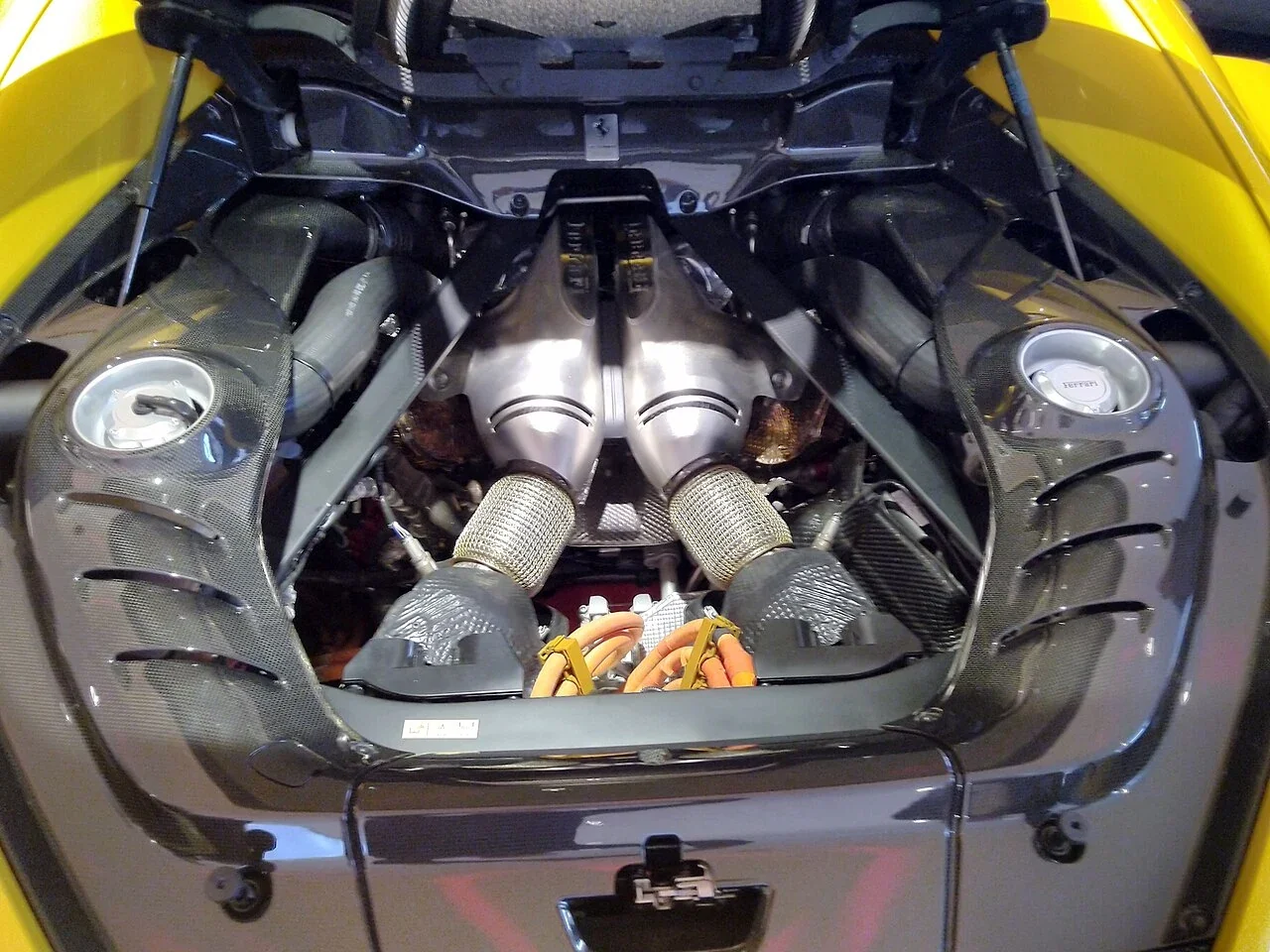 Ferrari 296 GTB engine bay with rear cover open