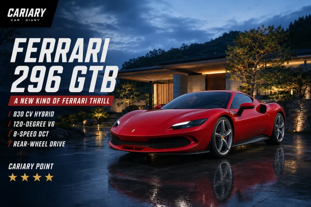 Ferrari 296 GTB review editorial cover with four-star Cariary Point rating