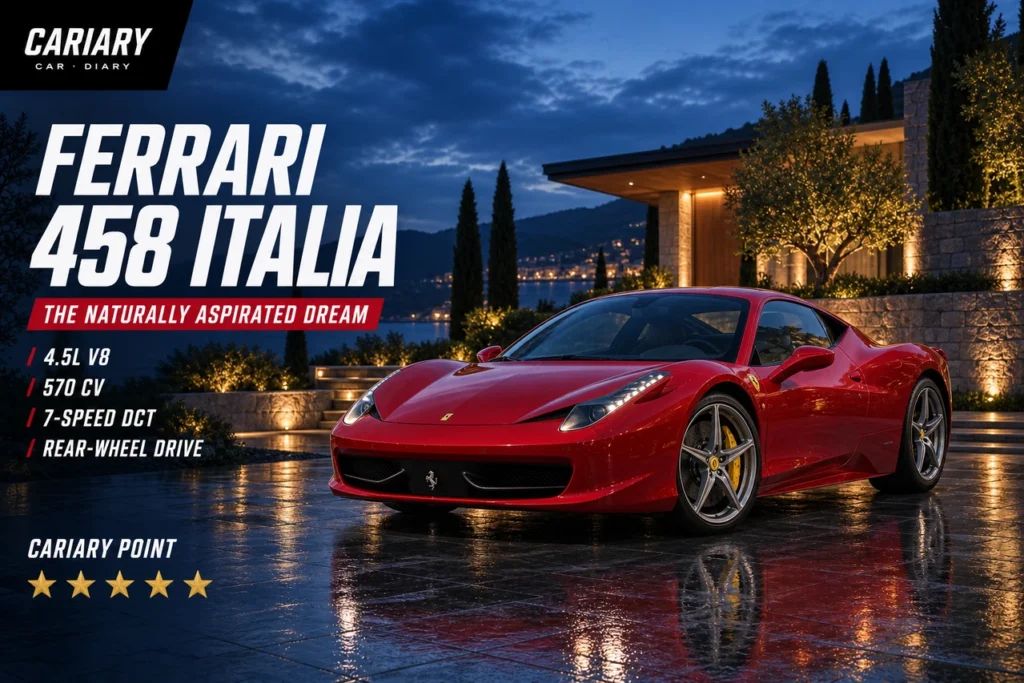 Ferrari 458 Italia editorial cover with 5-star Cariary Point rating