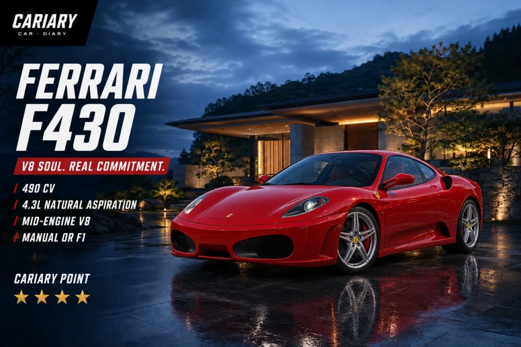 Red Ferrari F430 coupe outside a modern house at dusk, Cariary editorial illustration