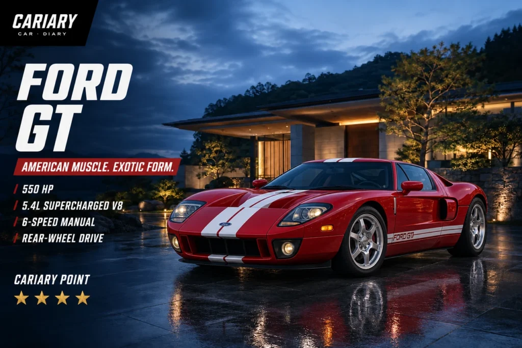 Red first-generation Ford GT with white stripes at dusk, Cariary editorial illustration