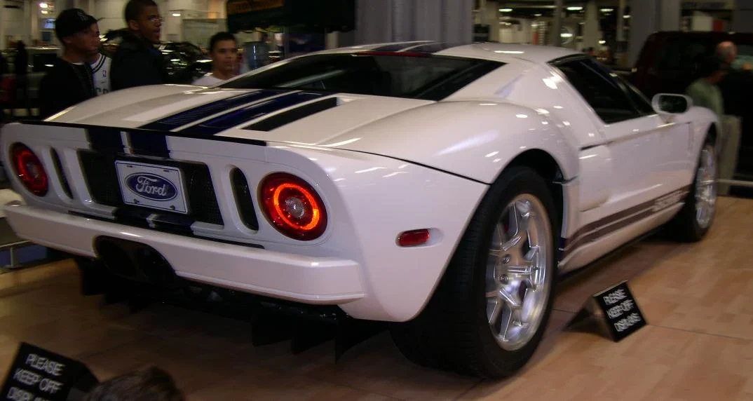 White first-generation Ford GT rear view