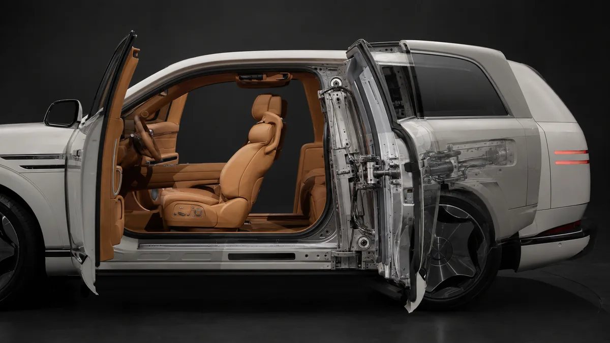 Conceptual cutaway showing the Genesis GV90 Neolun rear coach-door hinge area