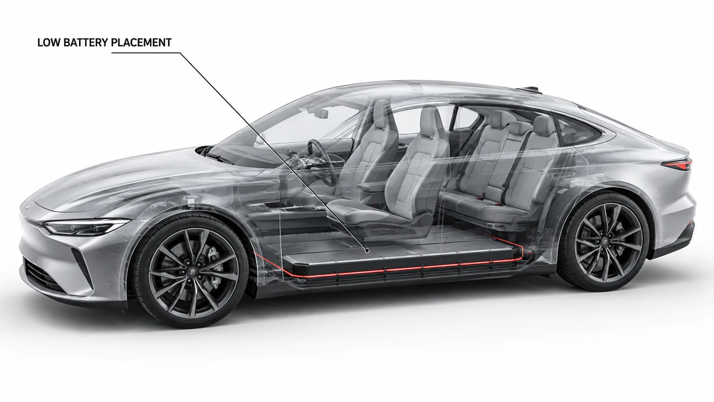 Heavy Car Handling illustration showing a low battery pack beneath the seats of a translucent electric sedan