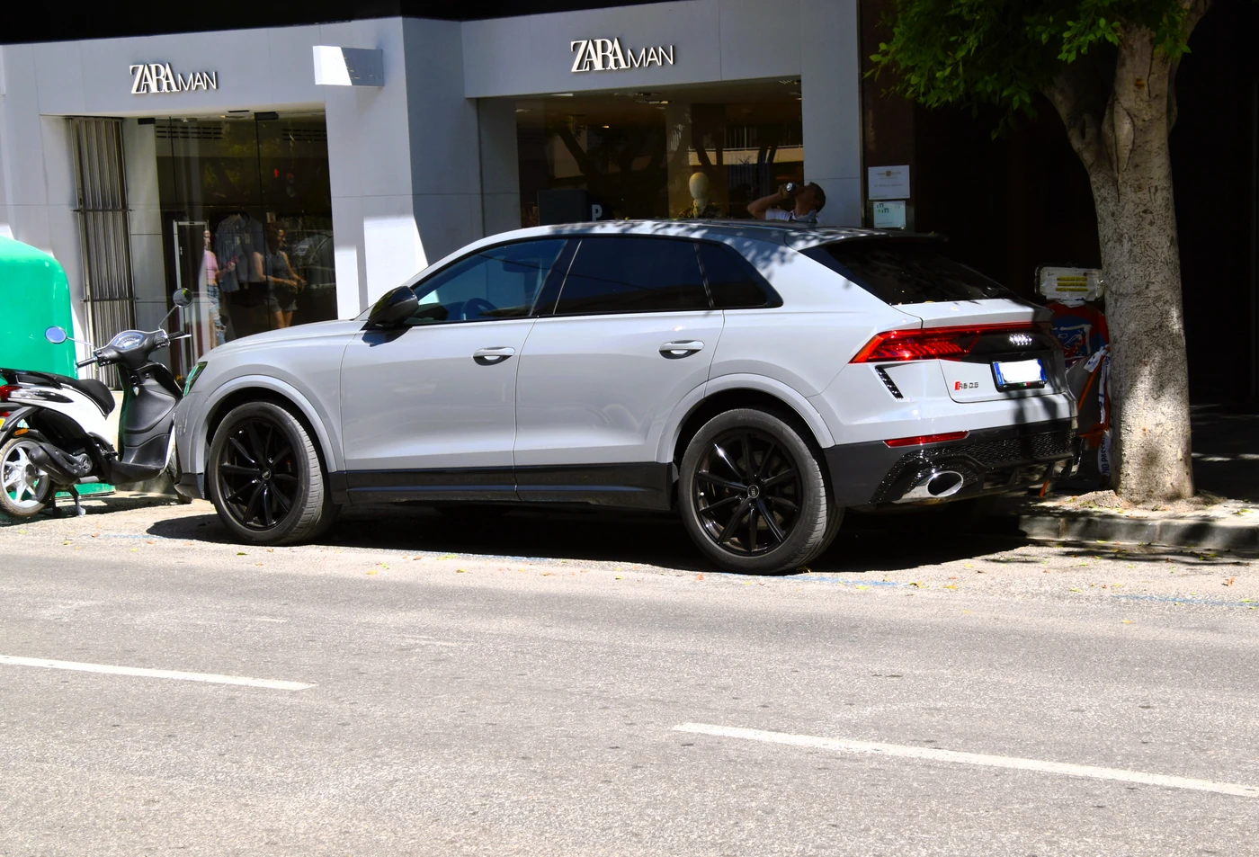 Audi RS Q8 parked outdoors, showing its SUV body and large wheels