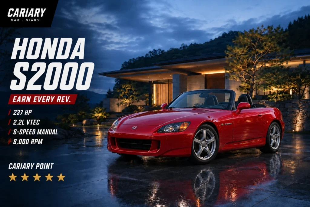 Honda S2000 editorial cover with 5-star Cariary Point rating