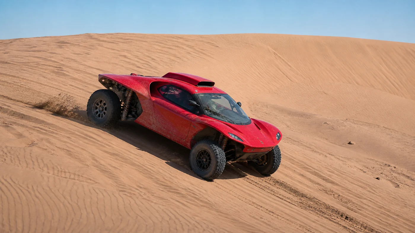 Dakar Rally illustration of a red rally-raid prototype crossing a sandy dune slope
