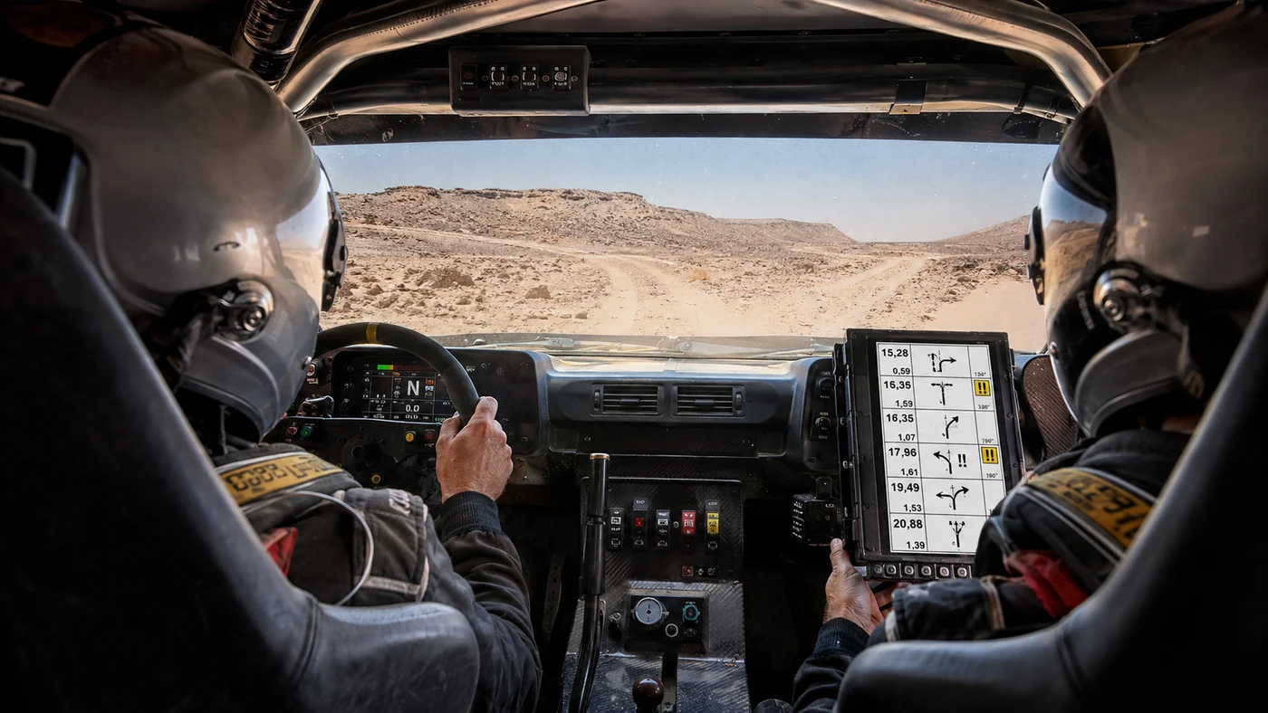 Driver and navigator seated in a rally cockpit with an electronic roadbook and branching desert tracks ahead