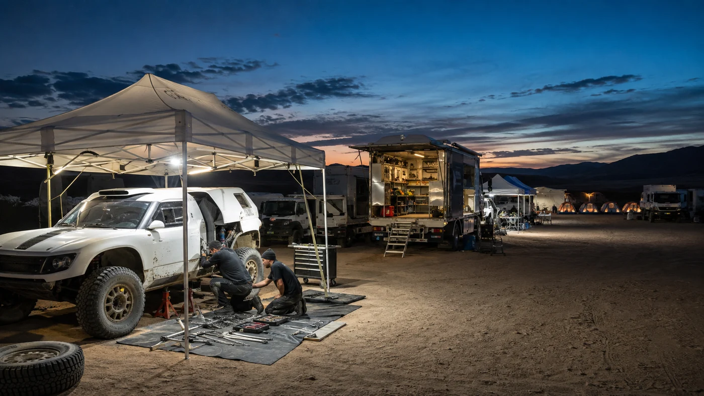 Mechanics working beside a rally car under a bivouac canopy with support trucks and tents behind