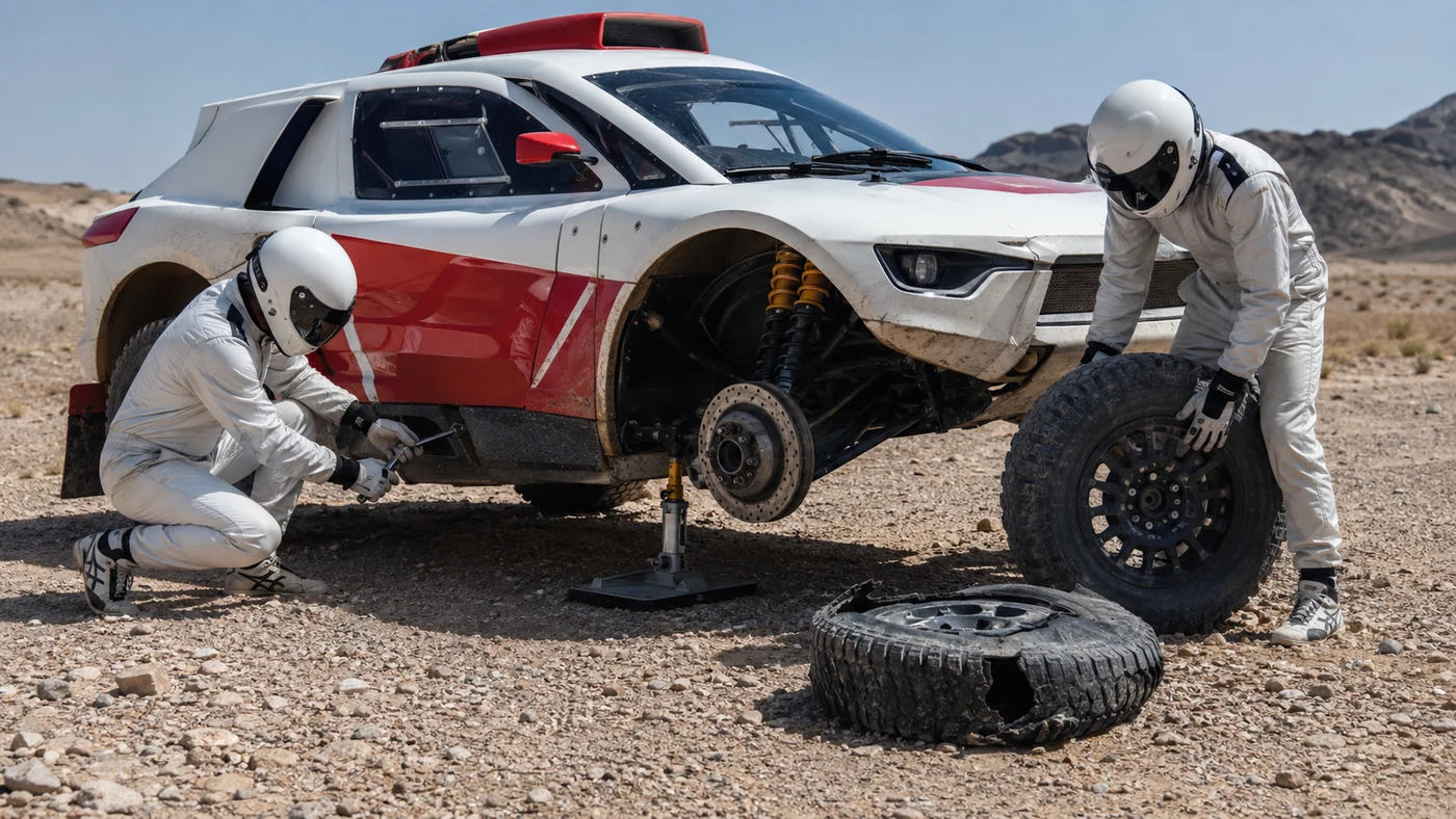 Two rally crew members replacing a wheel beside a stationary car on rocky desert ground