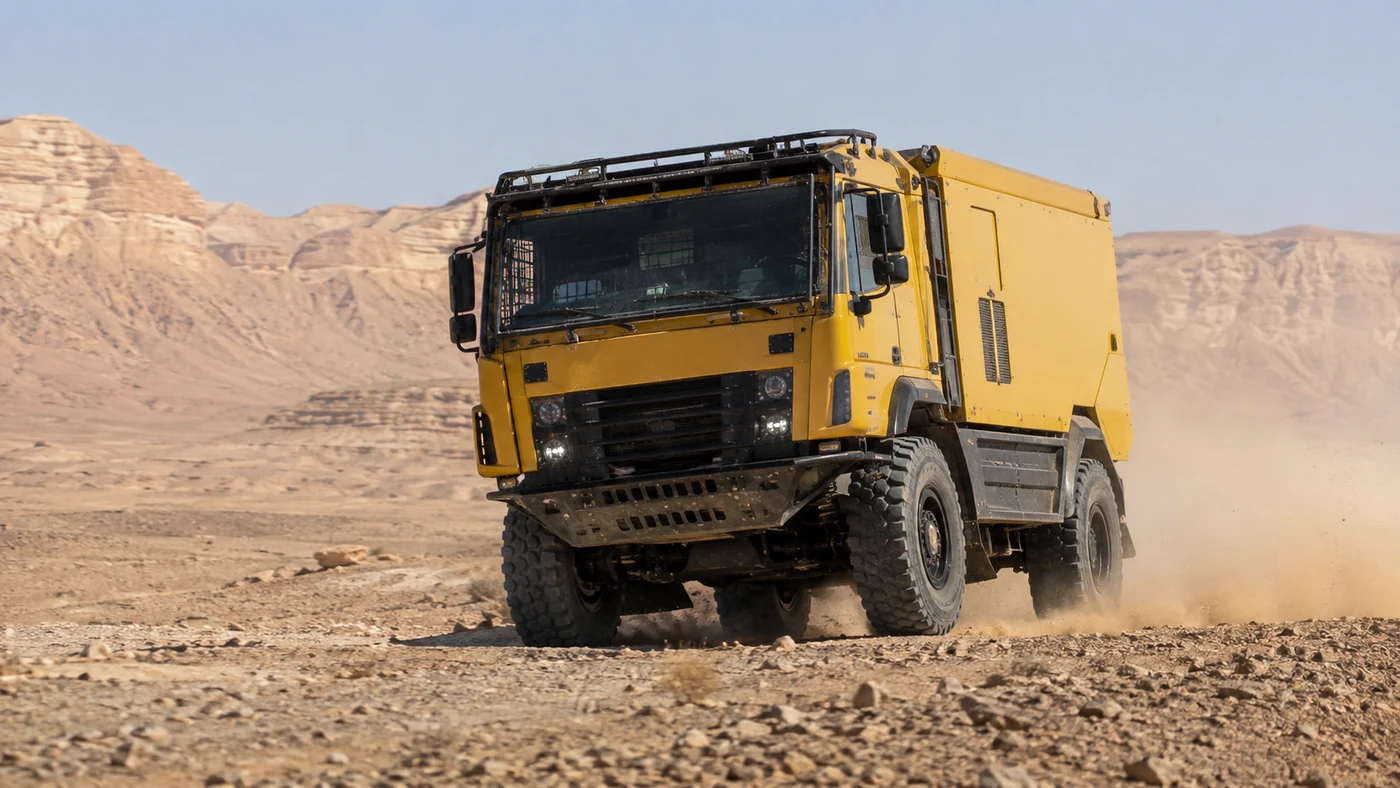 Yellow two-axle competition-style truck crossing a rocky desert track