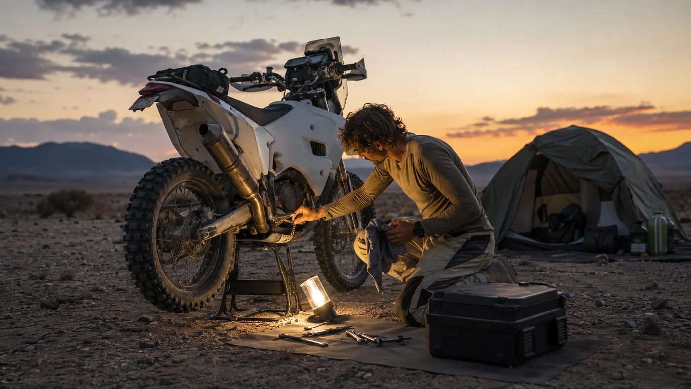 Rally rider inspecting a motorcycle beside a small tent and tool kit at dusk