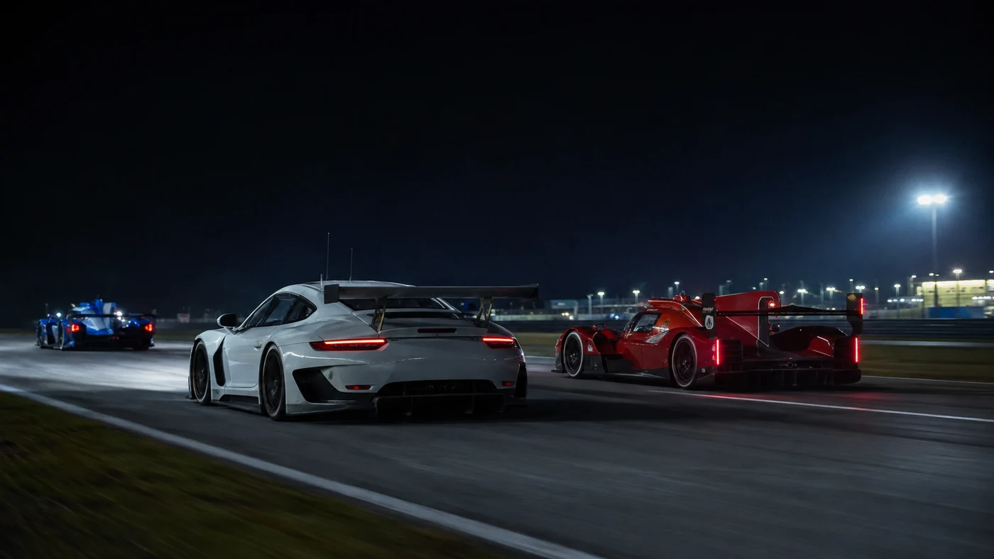 Rear view of a white GT racing coupe and two prototypes racing under nighttime circuit lighting
