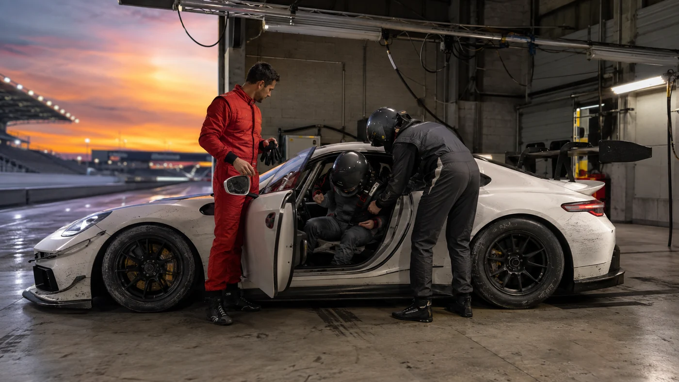 Helmeted driver entering a stationary GT race car as a teammate waits and a helper assists
