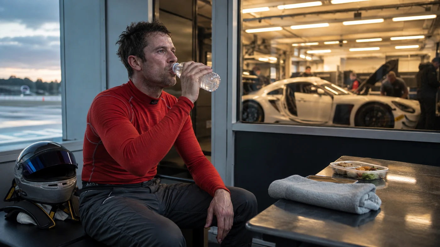 Endurance driver drinking water beside racing equipment between driving shifts