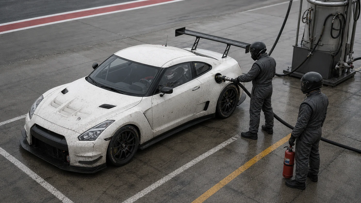 Protected pit crew refuelling a stationary endurance race car with its wheels still fitted