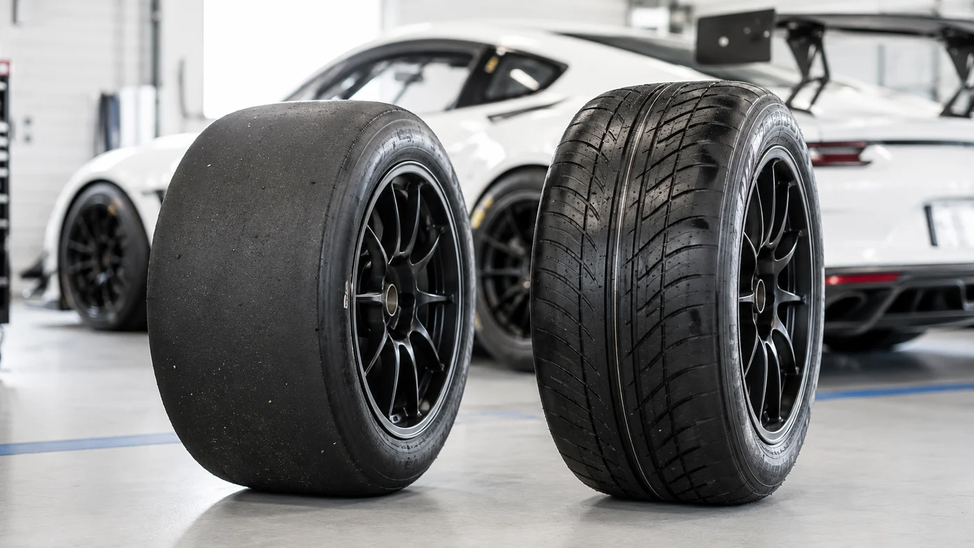 Smooth racing slick and grooved wet tire standing together in an endurance racing garage