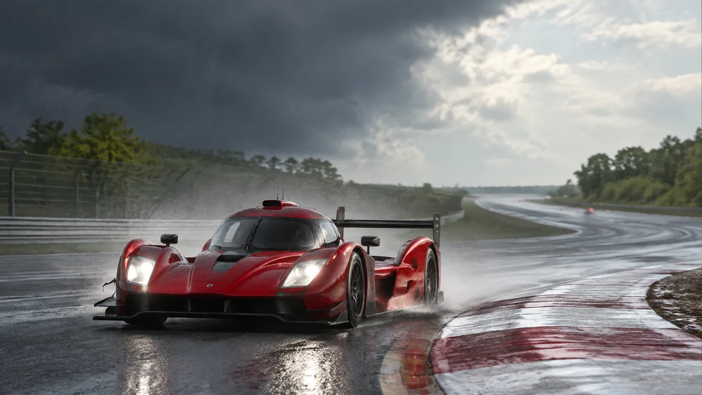 Endurance race car driving through spray on a damp circuit with brighter weather in the distance