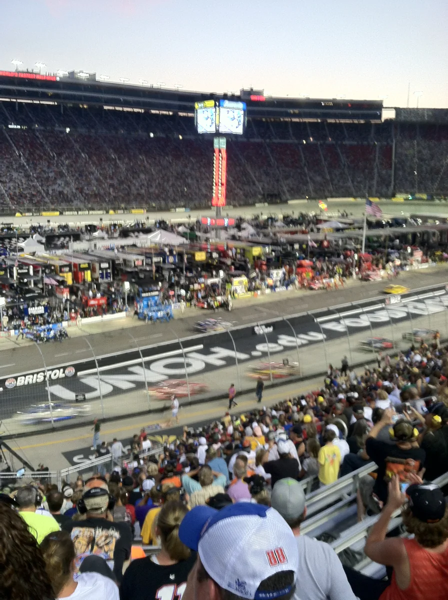 NASCAR cars pitting under caution at Bristol Motor Speedway