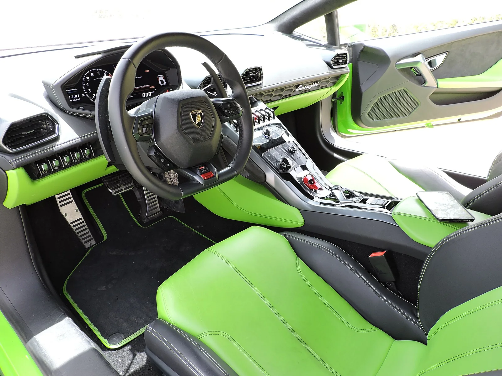 Original Lamborghini Huracán cockpit with digital instruments and aircraft-style controls