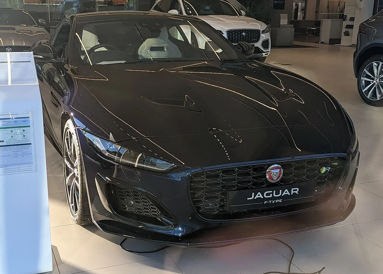 Black Jaguar F-TYPE R on a showroom display