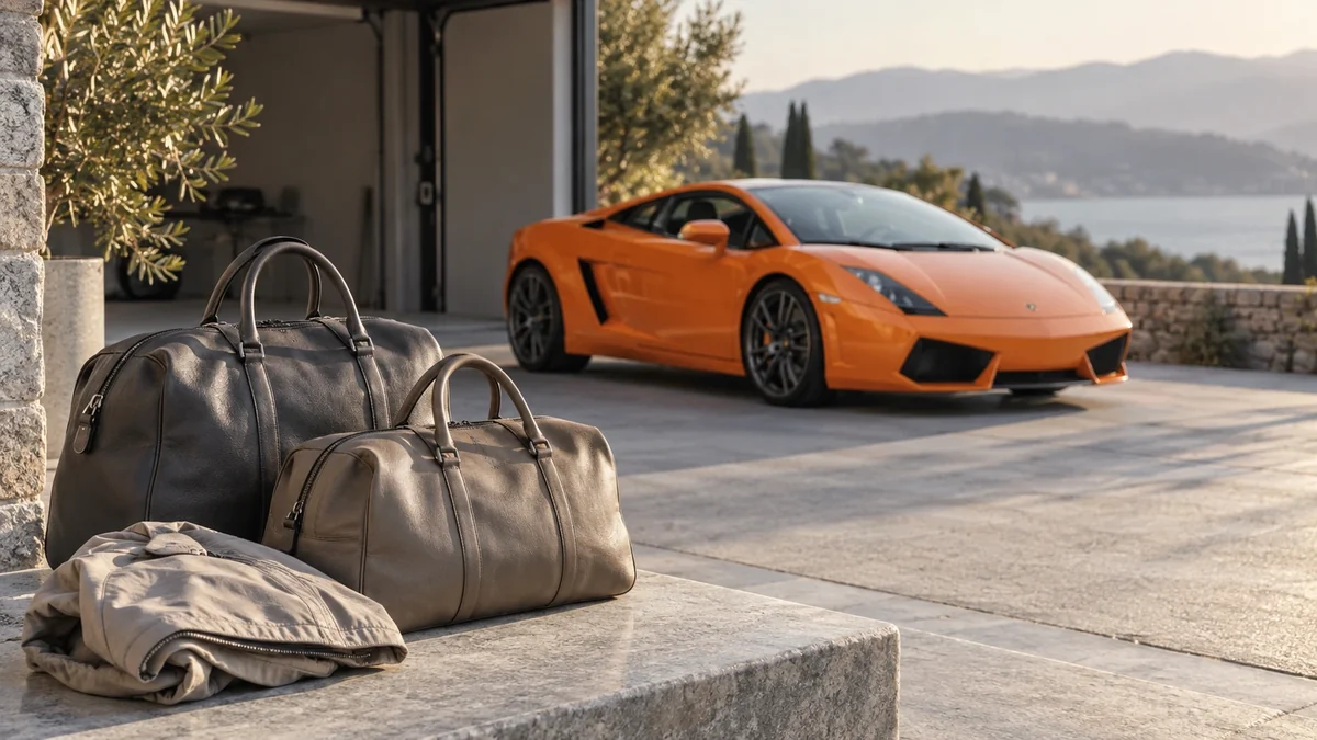 Packing-light scenario with soft bags beside a Gallardo-inspired car